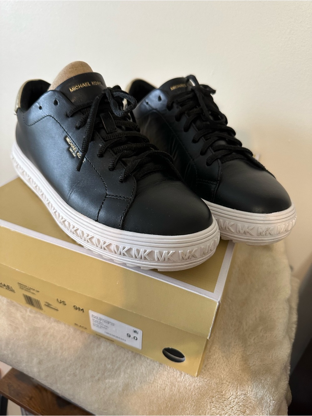 Michael Kors Black Leather  Grove Lace-Up Sneakers with White MK-Trim Sole - Picture 6 of 6
